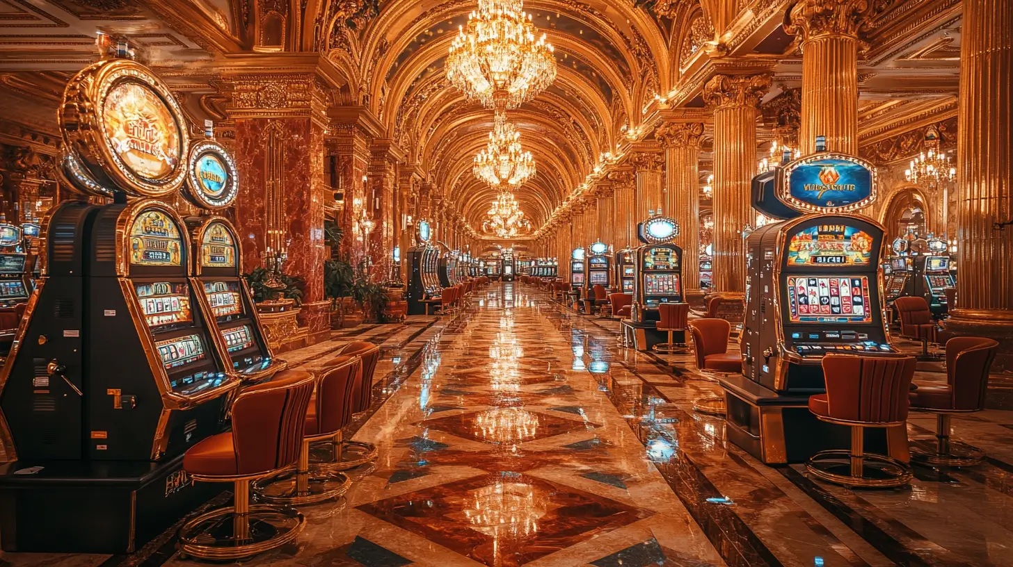 A luxurious casino interior with golden lights, representing the Super Ace Jackpot theme.