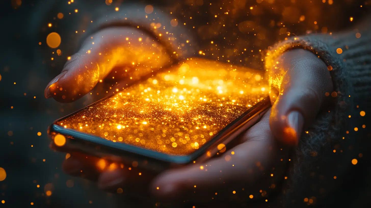 A person holding a smartphone with a glowing screen, representing the mobile app experience.